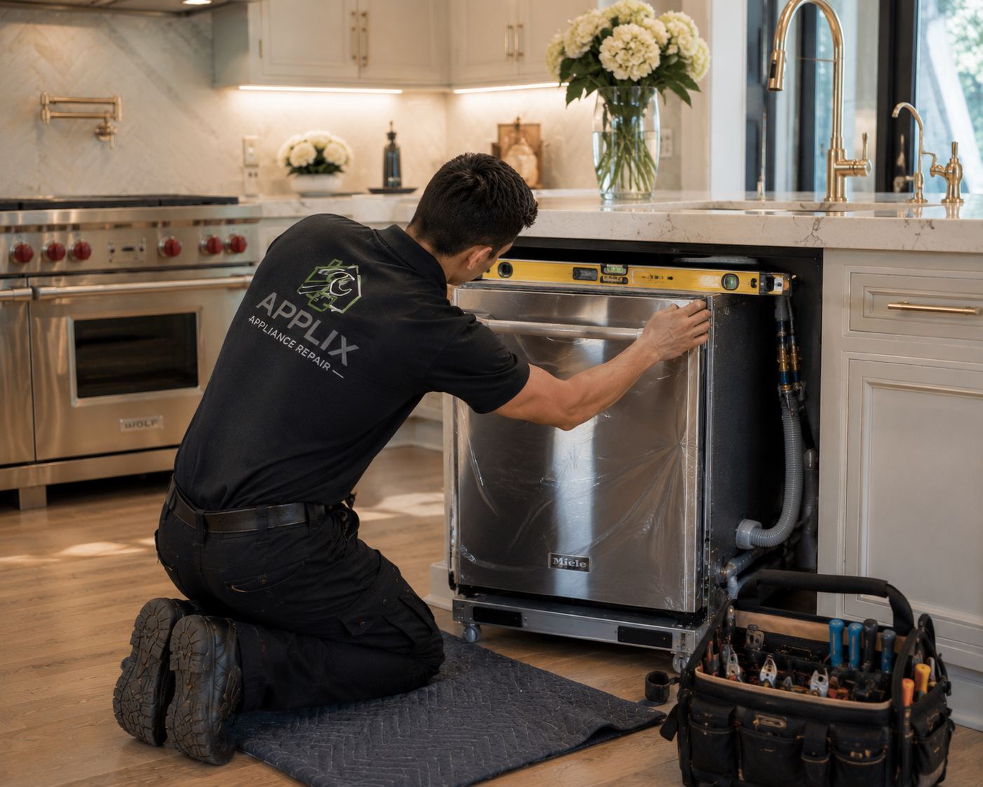 Technician installing a Miele dishwasher