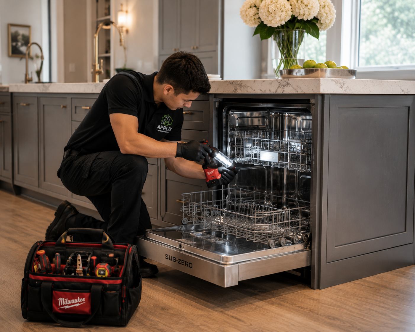 Technician diagnosing a dishwasher