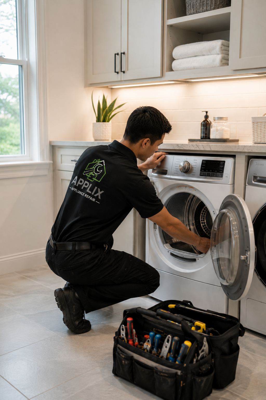 Technician inspecting a dryer drum