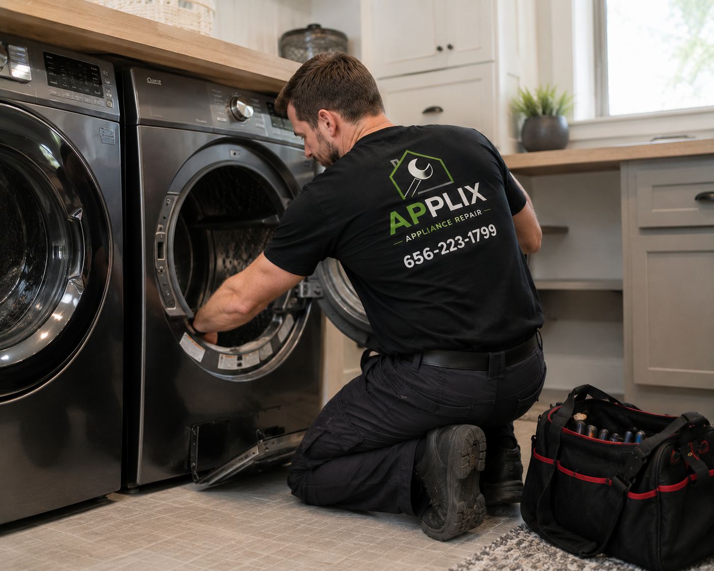 APPLIX technician repairing a dryer