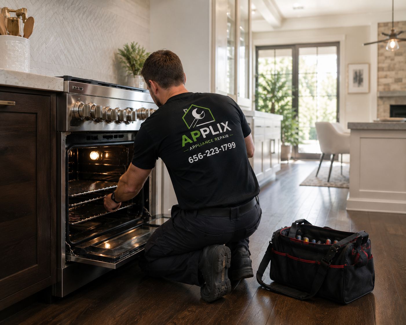 Technician repairing a Wolf range
