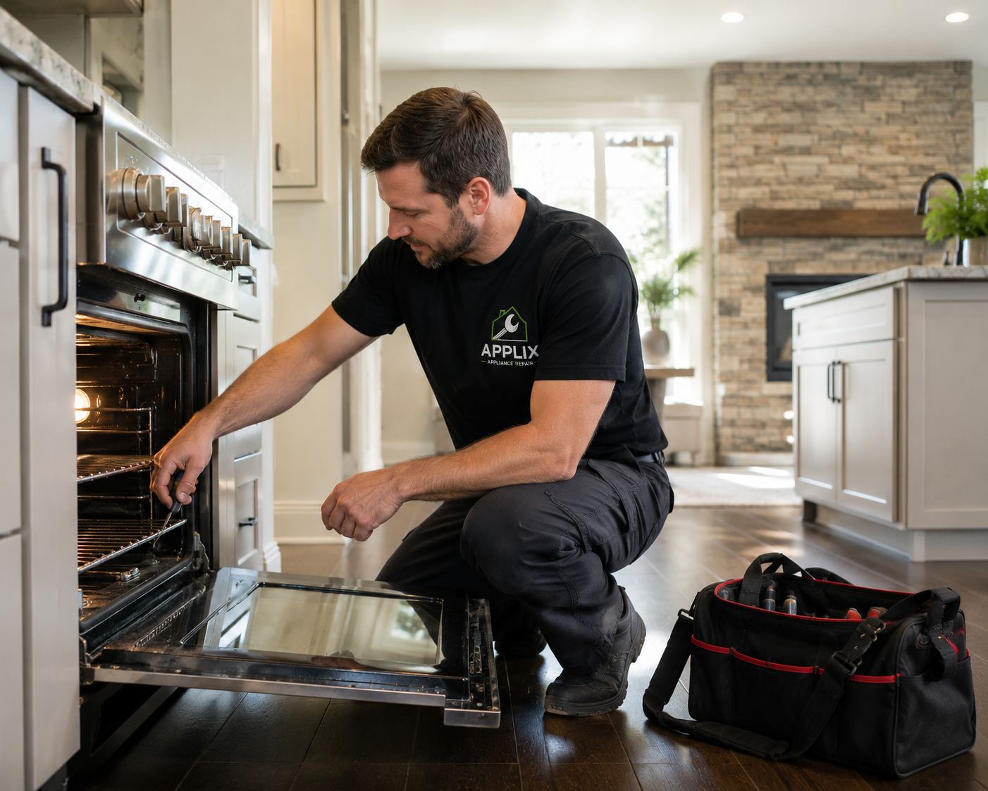 Technician repairing an oven interior