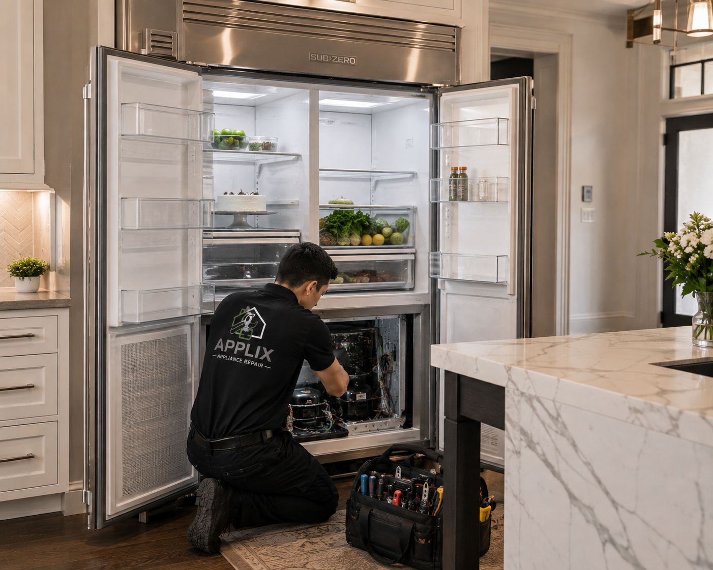 Technician repairing a refrigerator compressor