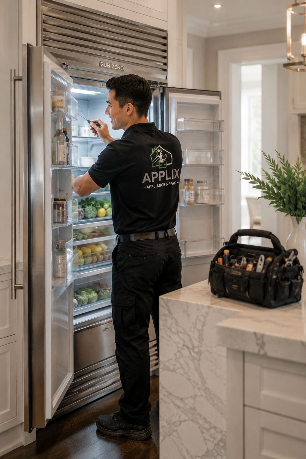 APPLIX technician repairing a built-in Sub-Zero refrigerator