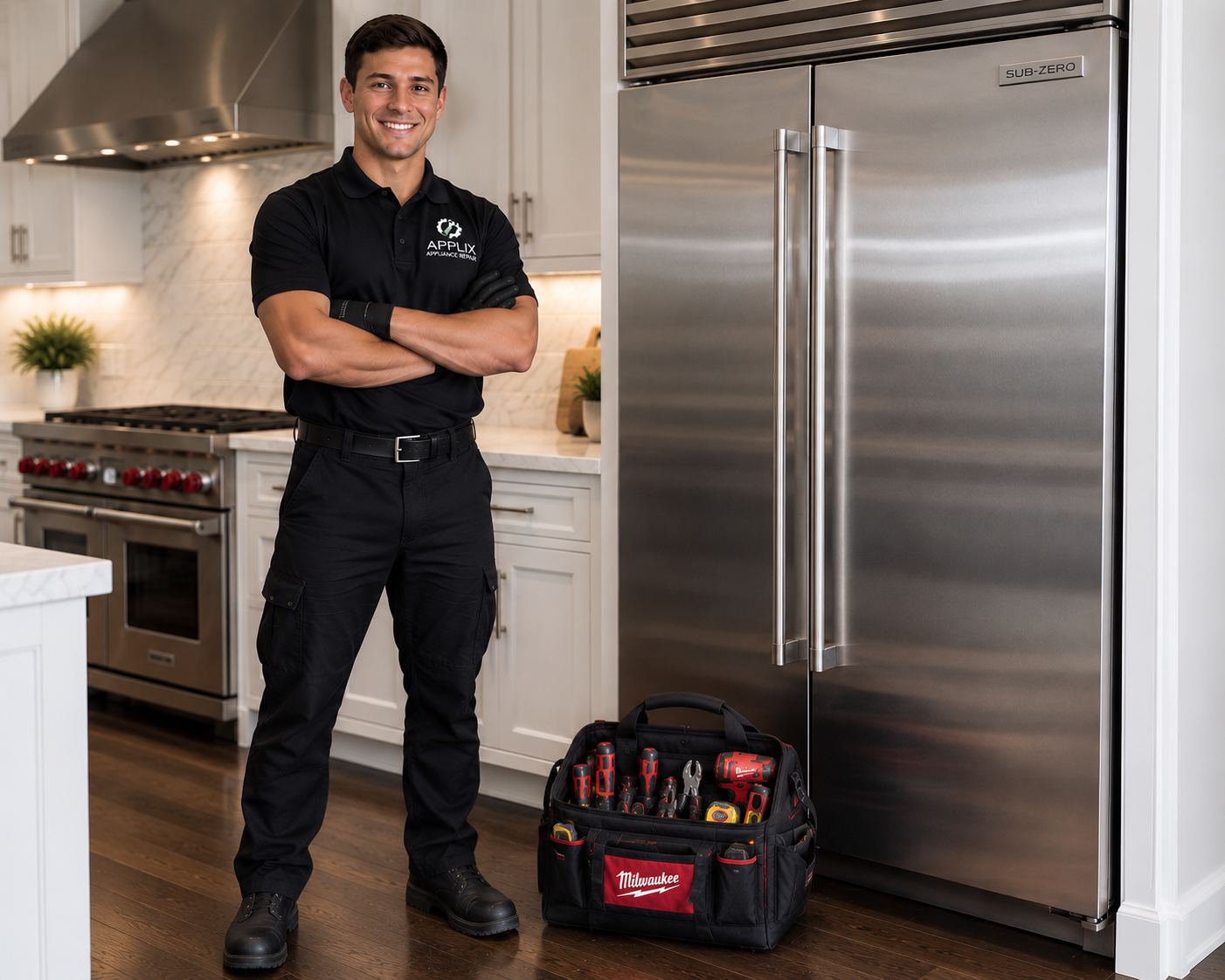 APPLIX technician servicing a built-in Sub-Zero refrigerator