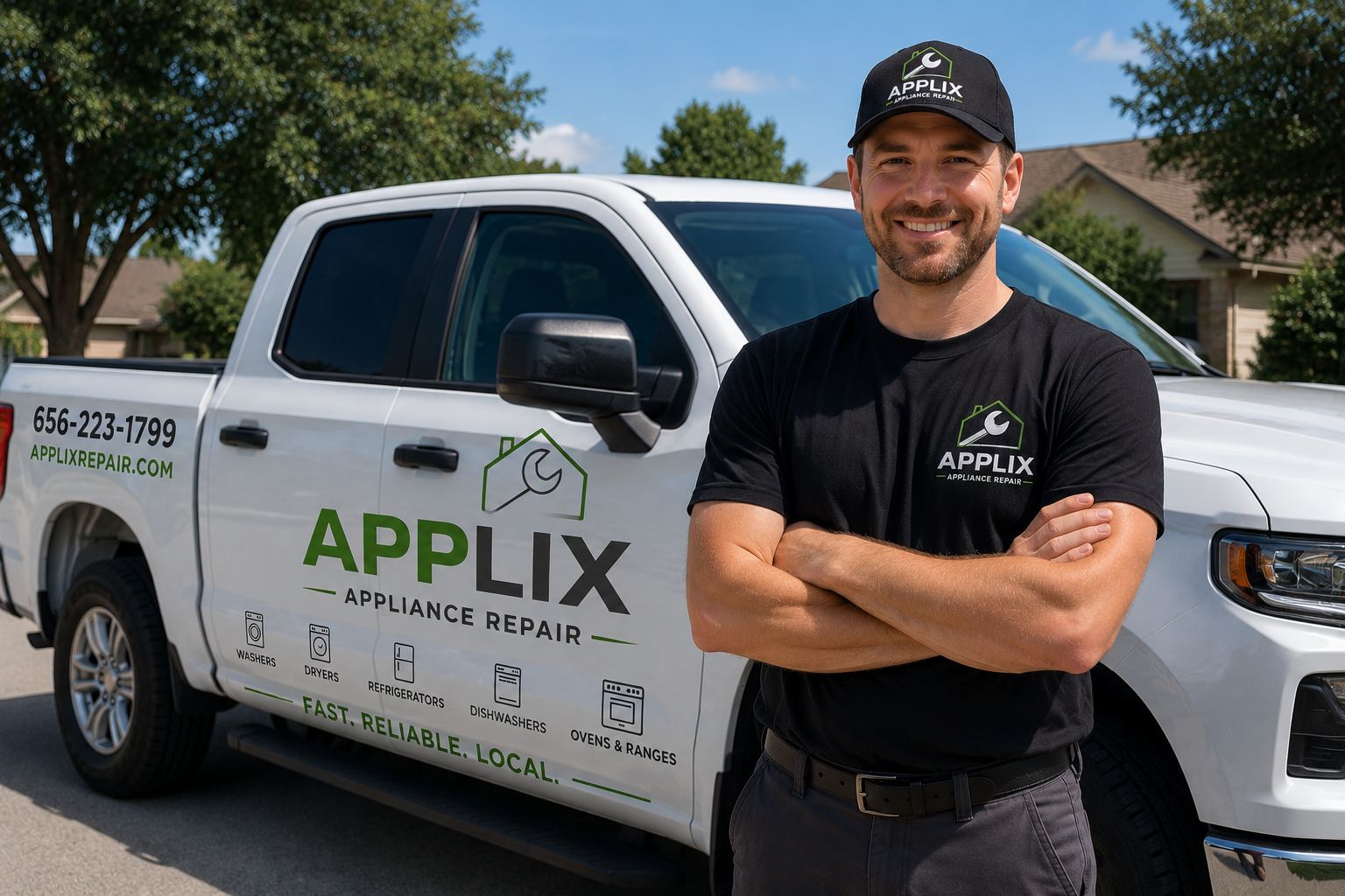 APPLIX Appliance Repair technician beside a branded service truck