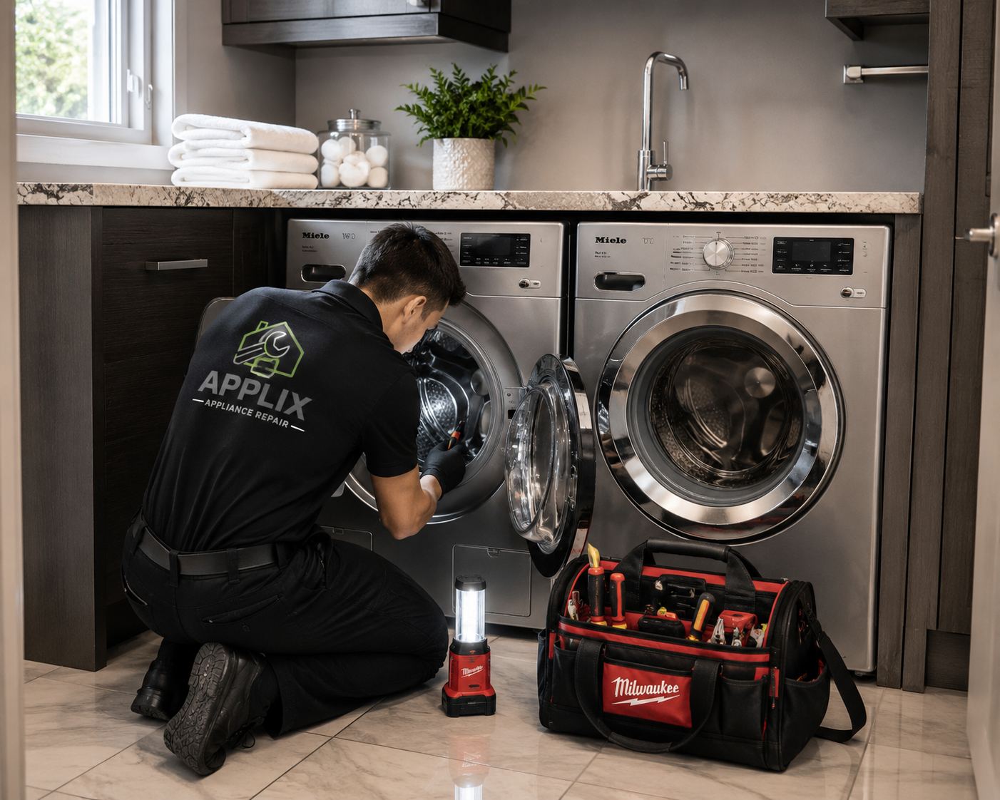 Technician repairing a front-load dryer